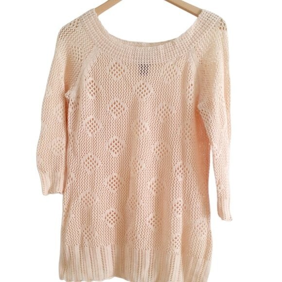 Rafaella Open Knit  Crochet Cream Yellow Quarter Sleeves Tunic Sweater Large - Picture 4 of 8